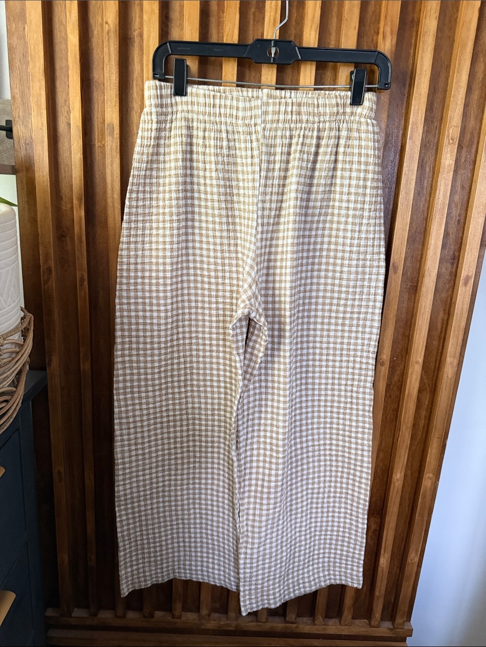 Miso Loungewear Casual Gingham Tan Cotton Wide Leg Pajama Pants. L